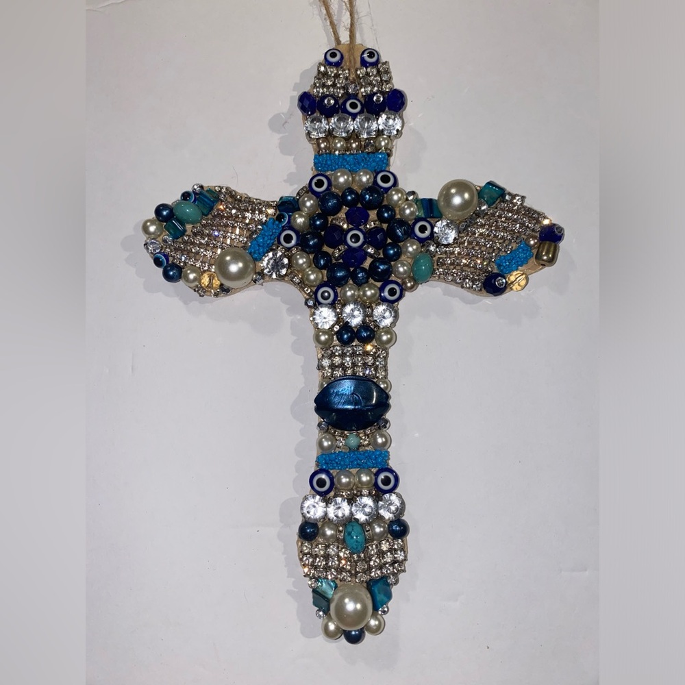 Wood ✝️ w/Repurposed Jewelry 🧿 Protection 💙, 💚, 🤍 colors & Rhinestones